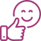 Icône pixelisée d'un visage souriant avec un pouce levé, symbolisant l'approbation, la satisfaction ou un avis positif.