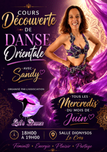 Affiche cours découverte danse orientale avec Sandy au Crès, tous les mercredis de juin de 18h à 19h, Salle Dionysos.