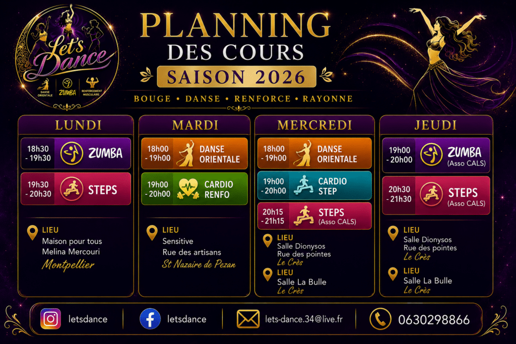 Planning Let's Dance 2026 : Zumba, Danse et Fitness Planning 2026 Let's Dance : Zumba, Danse Orientale, Steps et Cardio à Montpellier, Le Crès et St Nazaire.